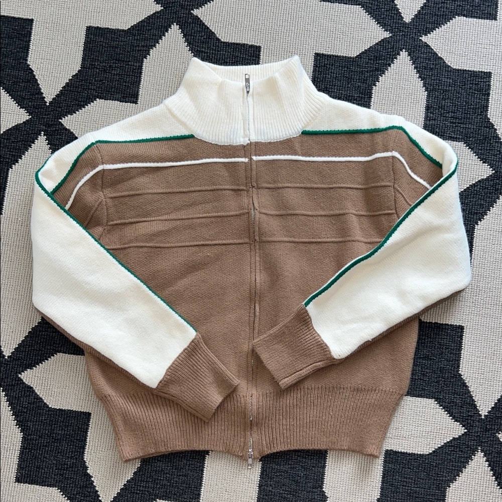 Vintage Style Cream Tan and Green Stripe Zip Up Cardigan Jacket Wool Blend